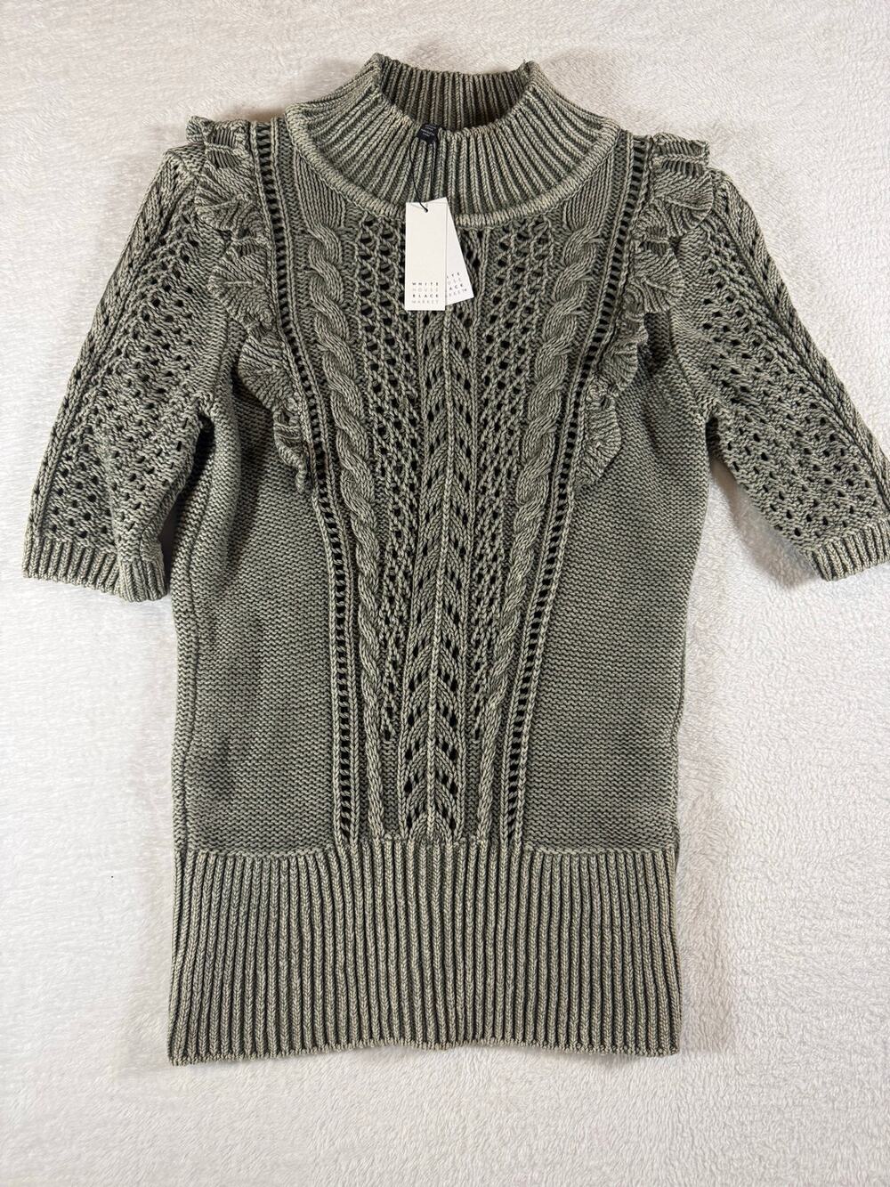 White House Black Market Cable Knit Mock Neck Sweater Small Gray Green NWT